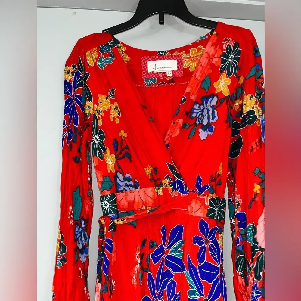 Anthropologie Boswell Textured Wrap Tunic Red Floral Midi Dress Boho 0 Brunch